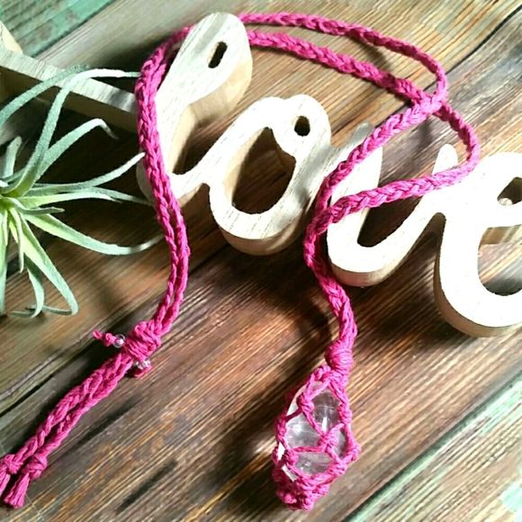 Macrame, Quartz Pink Hemp Necklace Handcrafted - Picture 2 of 13